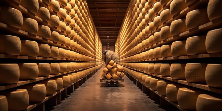 hundreds of different varieties of parmigiano reggiano in the biggest  parmesan cheese storage kinds of cheese ripening. picture of a cheese  factory in Switzerland. Generative AI Stock Illustration