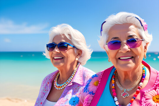 Two senior sisters on a beach on vacation, (AI-generated fictional illustration)