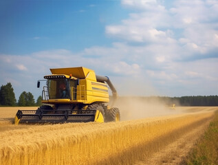 Obraz premium Modern yellow combine harvesting wheat in the summer. Generative AI