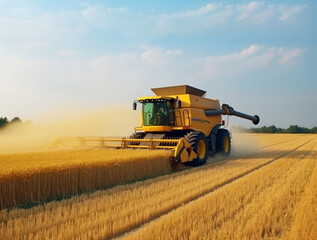 Fototapeta premium Combine harvester working in a cereal field. Generative AI