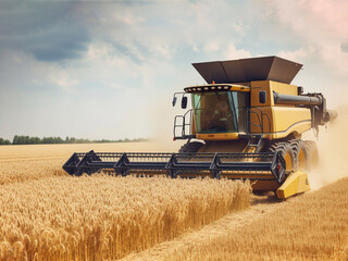 Modern industrial combine harvester harvests wheat cereals on a summer day