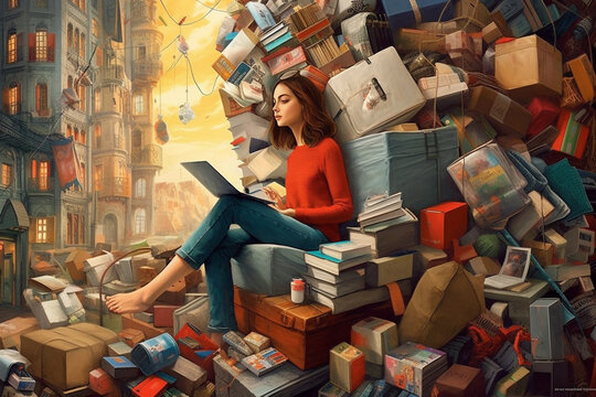 a person engaging in excessive shopping, driven by an irresistible urge or obsession Generative AI