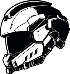 futuristic helmet icon in black over white