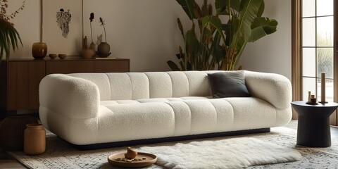 AI Generated. AI Generative. White cozy sofa. Home indoor architecture indoor design style living room. Graphic Art