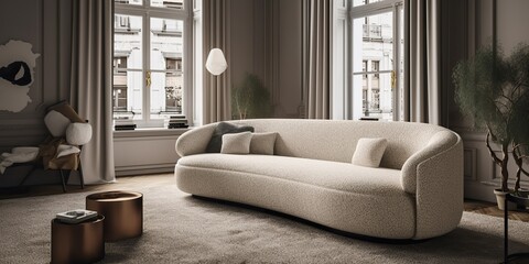 AI Generated. AI Generative. White cozy sofa. Home indoor architecture indoor design style living room. Graphic Art