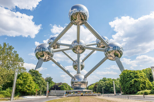 Brussels, Belgium - June, 15, 2023:  The Atomium of Brussels, a modernist building that represents a silver atom model. Originally constructed as the centrepiece of the 1958 Brussels World's Fair