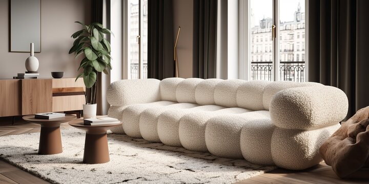 AI Generated. AI Generative. White cozy sofa. Home indoor architecture indoor design style living room. Graphic Art