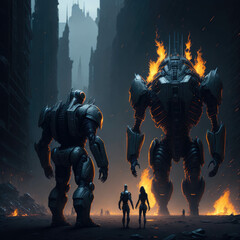 Fototapeta premium Battle Cyborg Synth Robot, Futuristic Sci-fi War With Humans, Metal Texture Armour, Apocalyptic Scene, Generative AI