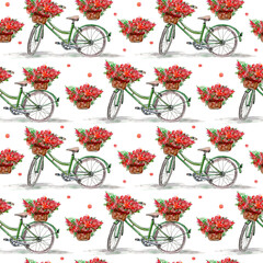 Seamless pattern of a bicycle and basket on a flowers meadow.Summer picture. White background.Watercolor hand drawn illustration.	 - 616137636