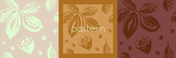 Vector Cocoa fruits pattern seamless with cocoa bean hand drawn illustrations. Cacao beans wallpaper for chocolate packaging design, cocoa powder label, organic cacao butter backdrop. Cocoa cosmetics.