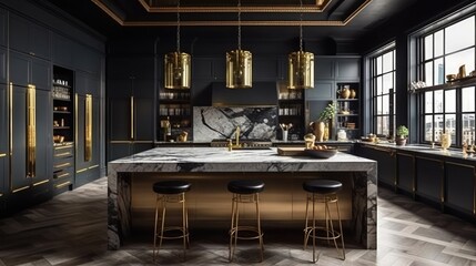Fototapeta na wymiar A chic modern kitchen that seamlessly blends bold design choices with functionality. Generative AI