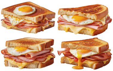 toasted bread with melted cheese, ham and a fried egg, on a transparent background, Generative AI