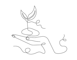 Hand with plant continious line concept