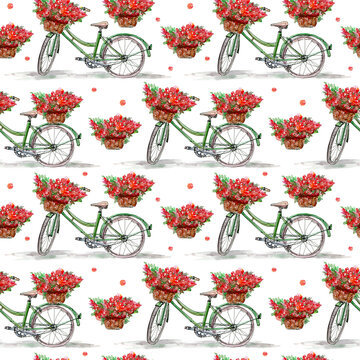 Seamless pattern of a bicycle and basket on a flowers meadow.Summer picture. White background.Watercolor hand drawn illustration.	