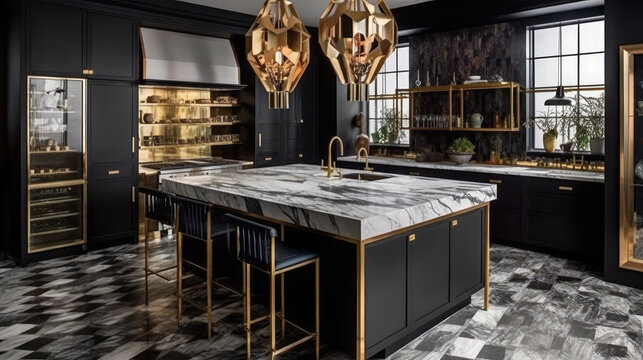 A chic modern kitchen that seamlessly blends bold design choices with functionality. Generative AI