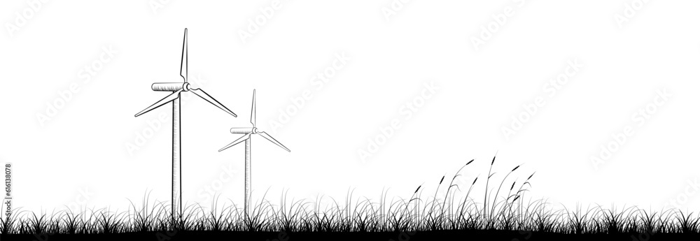 Poster wind power station in field panoramic background design. vector illustration with empty copy space f