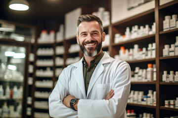 Portrait of middle aged confident pharmacist man wearing white coat with crossed arms at pharmacy.