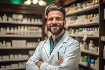 Fototapeta premium Portrait of professional confident pharmacist wearing white coat with crossed arms at pharmacy.