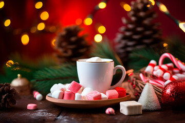 Obraz na płótnie Canvas Christmas drink. Cacao in red cup, fir, marshmallows on bokeh background
