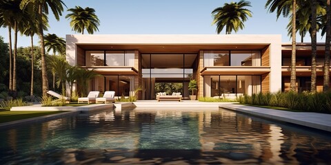 Fototapeta premium AI Generated. AI Generative. Luxury mansion house villa florida usa miami building with garden and pool. Tropical vacation vibe. Graphic Art
