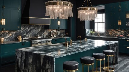 A chic modern kitchen that seamlessly blends bold design choices with functionality. Generative AI