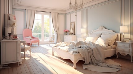 Fototapeta na wymiar Modern bedroom interior design shabby chic 3d render