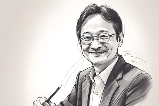 A charismatic and influential East Asian businessman, with a magnetic presence and a captivating smile. Pencil hand drawn illustration. Generative AI