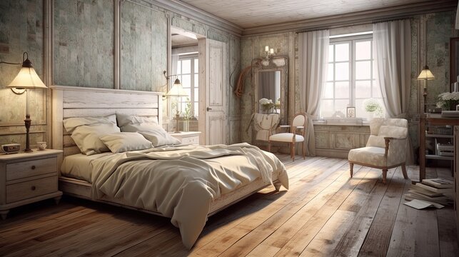 Modern bedroom interior design shabby chic 3d render