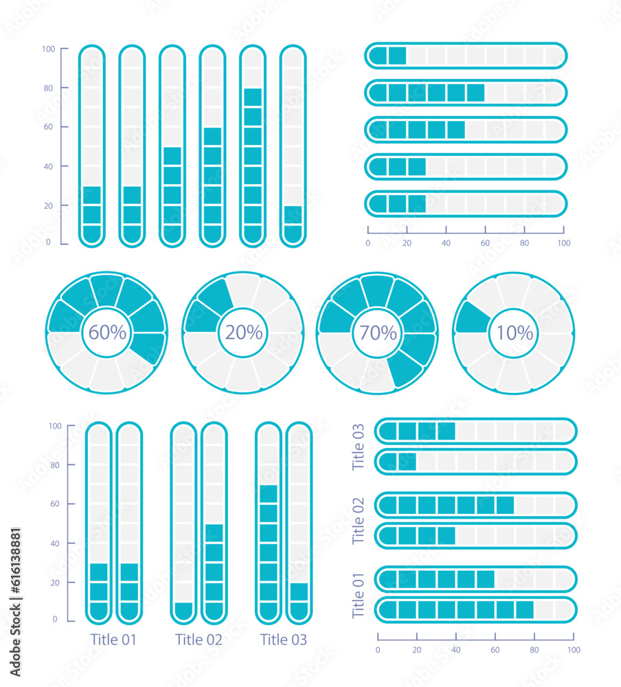 Poster Business progress report with infographic chart design template set. Visual data presentation. Editable bar graphs and circular diagrams collection. Myriad Variable Concept font used