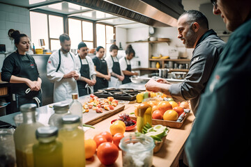 A chef teaching a cooking class, sharing culinary techniques and inspiring aspiring chefs. Generative AI