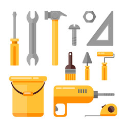 Set of metal bolts, screws, wrench, tape measure and drill. Service tools. Industry hand drawn flat collection. Industrial equipment