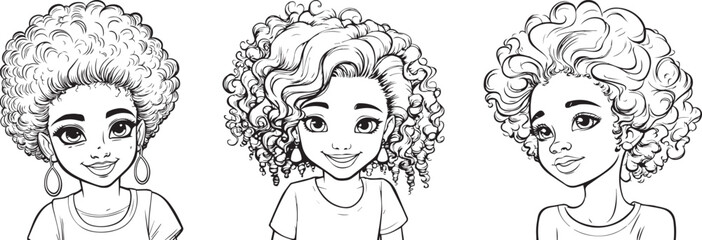 Kid coloring book character of fashion anime girl with curly , doodle, black outline, Hairdressing. Care and beauty.  Curly hairstyle. Young pretty girl. Black and white line