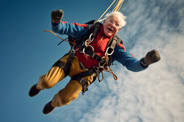 A senior person dressed in athletic wear, attempting an extreme sport (bungee jumping), capturing their exhilaration and thrill-seeking spirit. Generative AI