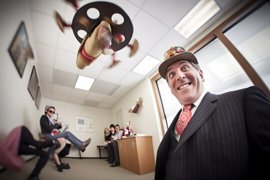 A comical image of a businessman wearing a suit and a funny hat while pretending to fly around the office, with coworkers looking on in amusement. Playful and dreamlike effect. Generative AI