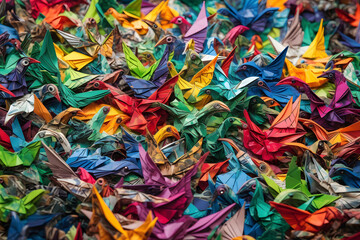 A conceptual image of a vibrant and intricate mosaic of colorful origami birds. Generative AI