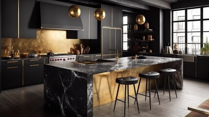 A chic modern kitchen that seamlessly blends bold design choices with functionality. Generative AI