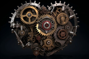 Fototapeta na wymiar A conceptual image of a mechanical heart with detailed gears, cogs and pistons symbolizing the link between machinery and emotions. Generative AI