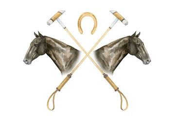 Minimalistic watercolor illustrations of horse portrait, golden horseshoes and horse polo sticks , isolated. Illustration on the theme of horse polo and equestrianism. Emblem, logo for horse club, pos