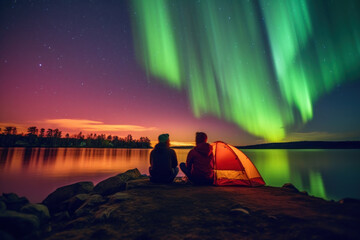 camping with tent to see the gorgeous green northern lights Ice mountains and oceans winter at night.Generative AI.
