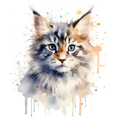 Beautiful Maine Coon kitten with big blue eyes, isolated on white background. Digital watercolour illustration.