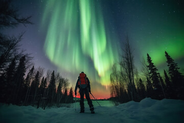 Fototapeta premium northern lights with backpackers cold atmosphere to see the northern lights ice ocean Beautiful winter nature landscape. Norway. Generative AI