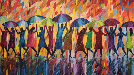 Group of Peoples dance and play in the rain, using vibrant colors and fluid lines. A joyful image that shows the exhilaration and connection with nature AI Generative