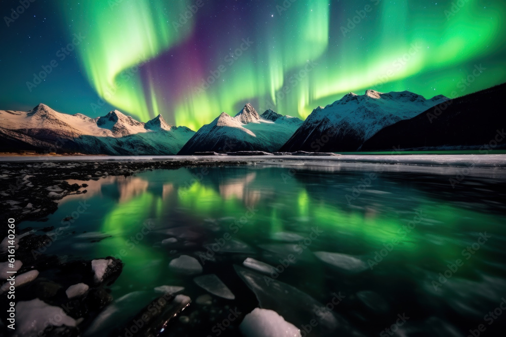 Wall mural northern lights beautiful green mountains and frozen ocean, winter landscape at night. travel to nor