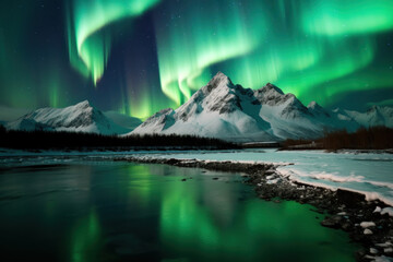 Naklejka premium northern lights beautiful green Mountains and frozen ocean, winter landscape at night. Travel to Norway. Generative AI