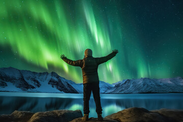 Fototapeta na wymiar A man in the northern forest with a tent to see the beautiful green northern lights. Northern lights, mountains and winter ocean at night.Generative AI.
