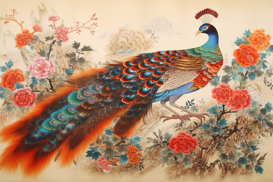 Chinese painting peacock scene
