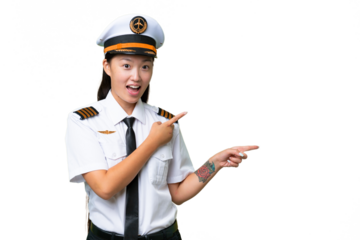 Airplane pilot Asian woman over isolated background surprised and pointing side