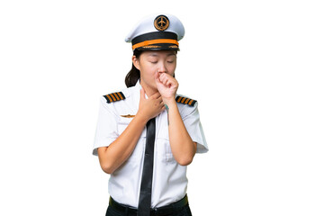 Airplane pilot Asian woman over isolated background is suffering with cough and feeling bad