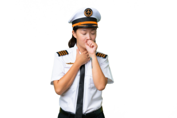 Airplane pilot Asian woman over isolated background is suffering with cough and feeling bad