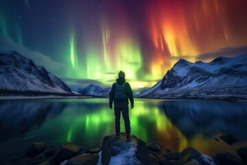 Obraz premium Backpackers See the Northern Lights Lofoten Islands Norway Northern Lights Mountains and Frozen Ocean Winter landscape at night. Travel to Norway. Generative AI.